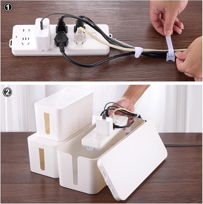 3 Pack Cable Management Box with 18 PCS Cable Management Set - Large & Medium & Small Cable Organizer Box to Hide Wires & Power Strips | TV Cord Organizer Box | for Home & Office, White