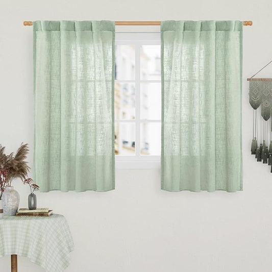 LAMIT Linen Curtains 48 Inch Length 2 Panels, Light Filtering Panels Back Tab and Rod Pocket Neutral Drapes for Kitchen/Window/Loft Room/Bedroom, 34 x 48 Inch Fresh Green