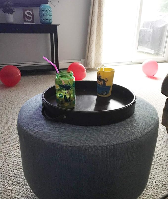 HofferRuffer Top Nocth PU Leather Round Serving Tray, Decorative Serving Tray with Handles, Coffee Tray, Ottoman Tray for Home Or Office, Diameter 14.6-inch (Dark Grey)