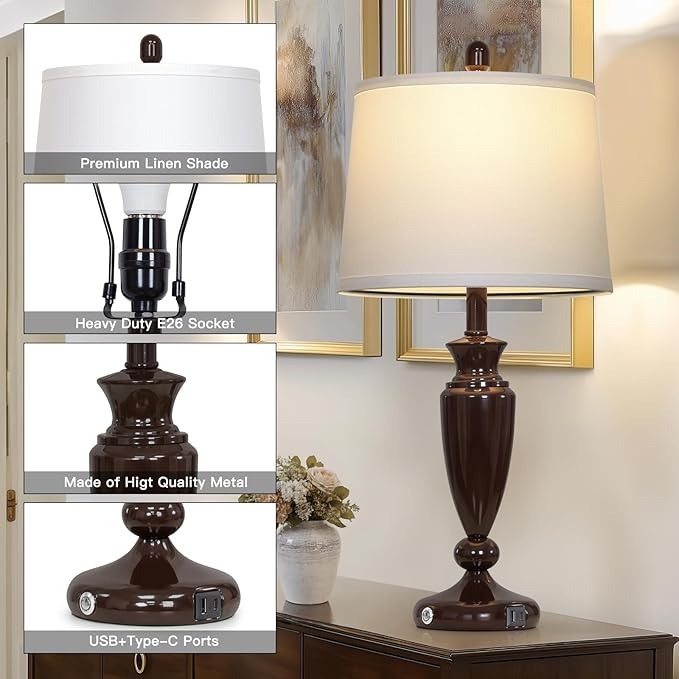 27'' Brown Living Room Lamps Set of 2, 3 Way Touch Control Table Lamps with USB A+C Ports, Modern Bedside Lamps, Elegant Metal Nightstand Lamps for Bedroom Office End Table Decoration