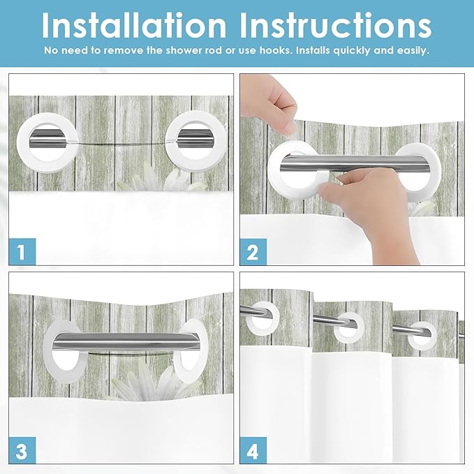 No Hook Daisy and Butterfly Shower Curtain with Snap in Fabric Liner Set, Green Rustic Farmhouse Double Layers Waterproof Fabric with See Through Top Window Open Grommet Bath Curtain 71x74 Inch