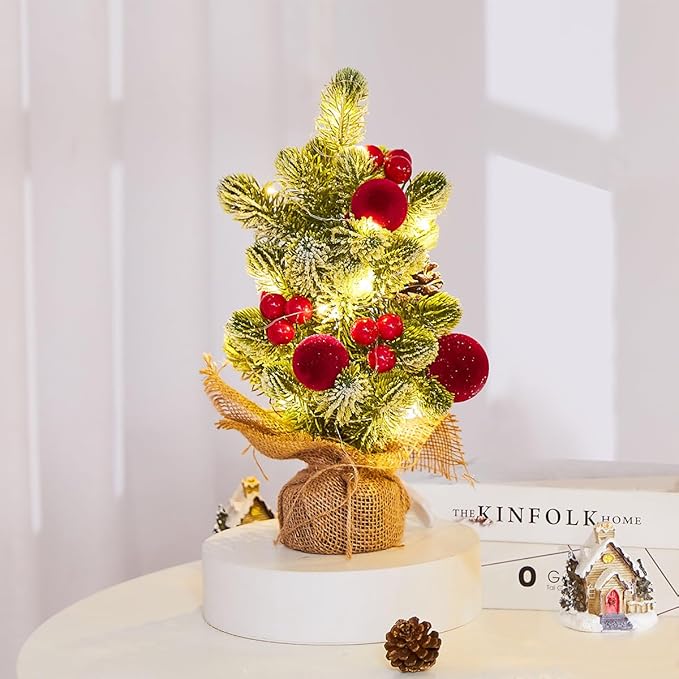 Burlap Small Christmas Tree Decor with Lights - Mini Tabletop Artificial Tree Centerpiece for Indoor Home Office Desk Holiday Decorations(Red Ornament)
