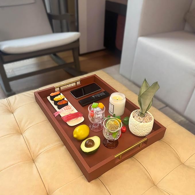 14x20 Inches Brown Faux Leather Wrapped Wood Serving Tray with Metal Handles for Various Occasions, Ottoman, Home Decor Decorative, Living Room, Coffee Table Organizer, Serving Breakfast On Bed