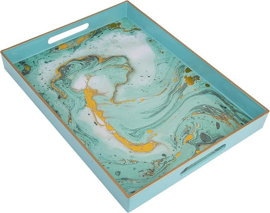 Sturdy Acrylic Serving Tray with Handles-15.7x11.8Inch, Morden Plastic Rectangular Serving Tray for Coffee Table Bathroom, Ottoman, Home Decor (Rectangular - Turquoise)