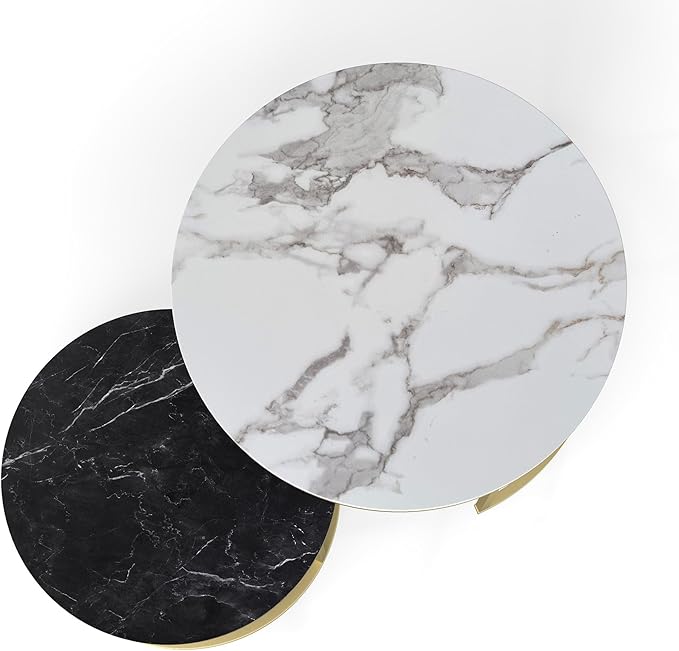 Nesting Coffee Table Set of 2, 31.5" Round Coffee Table Wooden Marble Pattern Accent Furniture, Industrial End Table for Living Room Bedroom Balcony (WhiteBlack/Gold)