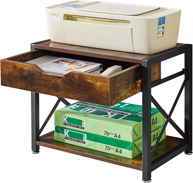 IBUYKE 2 Tier Desktop Printer Stand,Multi-Purpose Desk Organizer,Wooden Printer Stand with Drawer Storage for Folders,Books,for Fax Machine, Scanner,Home Office,Rustic Brown TLJ012H
