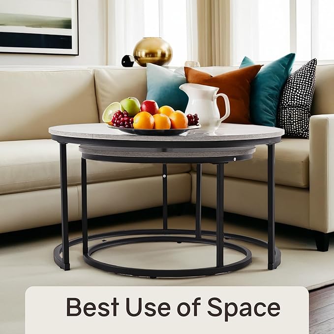 Nesting Tables Set of 2, 31.5" Round Coffee Table, Small Nesting Coffee Table with Adjustable Non-Slip Fee, Wood Grain Top Nesting Tables for Living Room, Bedroom (Wood Grain Grey)