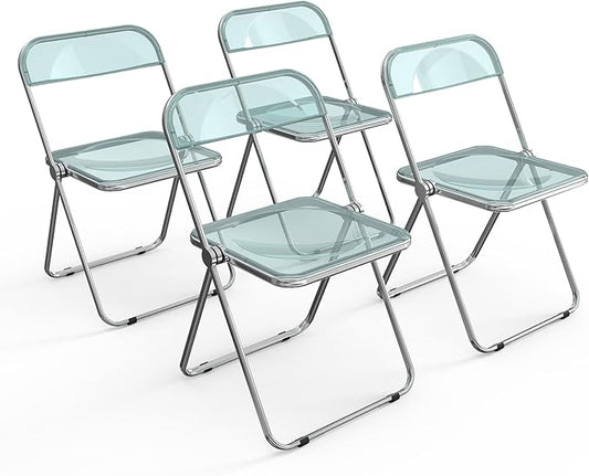VINGLI Acrylic Folding Chairs 4 Pack, Clear Chair Foldable and Stackable, Plastic Panel & Metal Chrome Frame, Weight Capacity 350 lbs, Blue Green