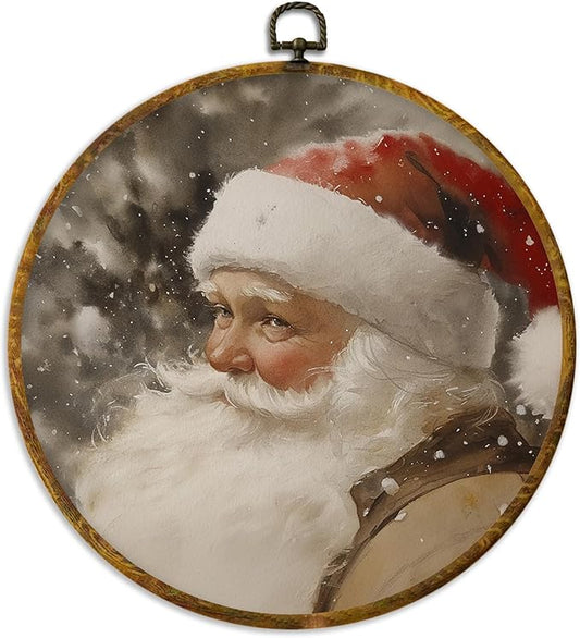 XPH Vintage Christmas Santa Round Wall Art Framed, Rustic Christmas Circle Wall Decor, Farmhouse Cozy Winter Xmas Hanging Canvas Prints for Home Bedroom Living Room Decoration, 10x10 Inch