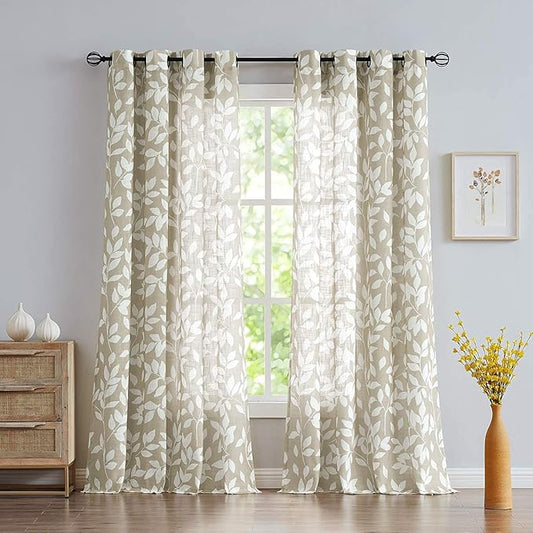 Leaf Semi Sheer Curtains for Bedroom Living Room 72" Long with White Leaves Print Curtains for Bedroom Windows 52" w, 2 Panels Taupe, Grommet Top