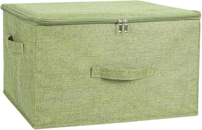 ANMINY Storage Bins with Zipper Lids 51.9 Qt Lidded Fabric Storage Boxes Baskets Cubes with Handles Collapsible Washable Cotton Linen Closet Shelf Clothes Organizer - Green, Extra Large