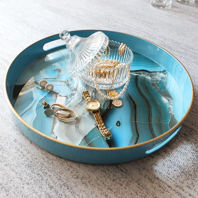 Spsyrine Round Decorative Tray, 13" Plastic Marbel Serving Tray with Handles for Breakfast, Ottoman, Coffee Table, Bathroom, Kitchen, Living Room