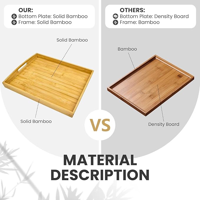 Bamboo Serving Tray with Handles Set of 4 - Decorative Wooden Trays for Eating, Working, and Storing, Suitable for Use in Bedroom, Living Room, Kitchen, Bathroom, Outdoor Scenarios and More