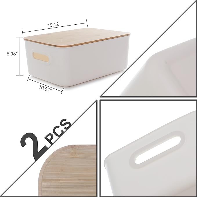 Citylife 2 PCS Storage Bins with Bamboo Lids Plastic Storage Containers for Organizing Stackable Storage Box with Handle, 15.12 x 10.67 x 5.98 inch