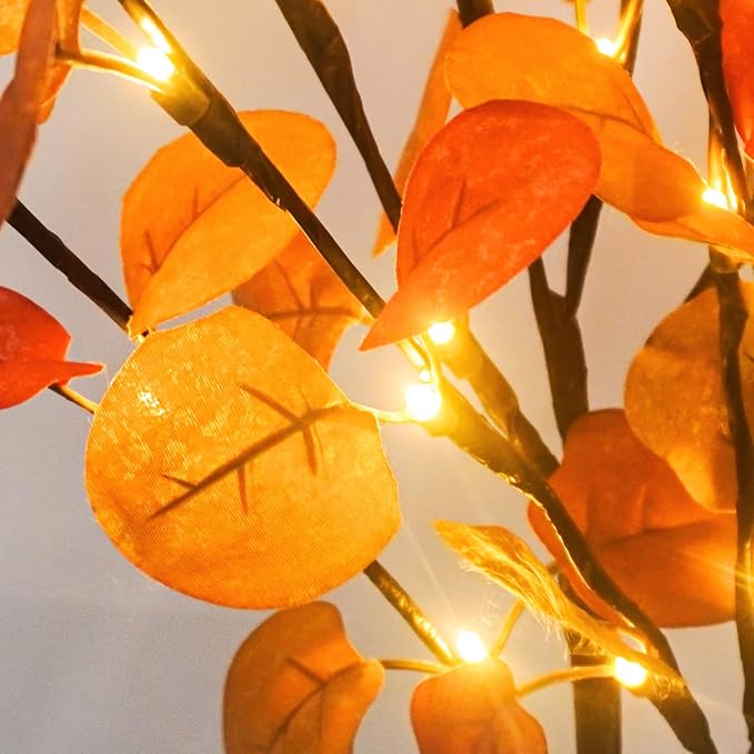 3Pcs Lighted Eucalyptus Leaves Branches, 30” Timer Fall Eucalyptus Stems with Lights,60 LEDs Battery Operated Fall Lighted Tree Branches for vases Home Wedding Table centerpieces Thanksgiving