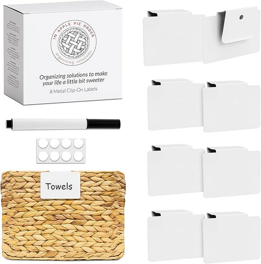 Labels for Storage Bins | Metal Storage Bin Clips (2.5” x 3.5”) - Set of 8 Basket Clip On Tags for Storage Bins w/Non-Slip Grip Pads & Dry Erase Marker - Removable Bin Labels for Storage Baskets