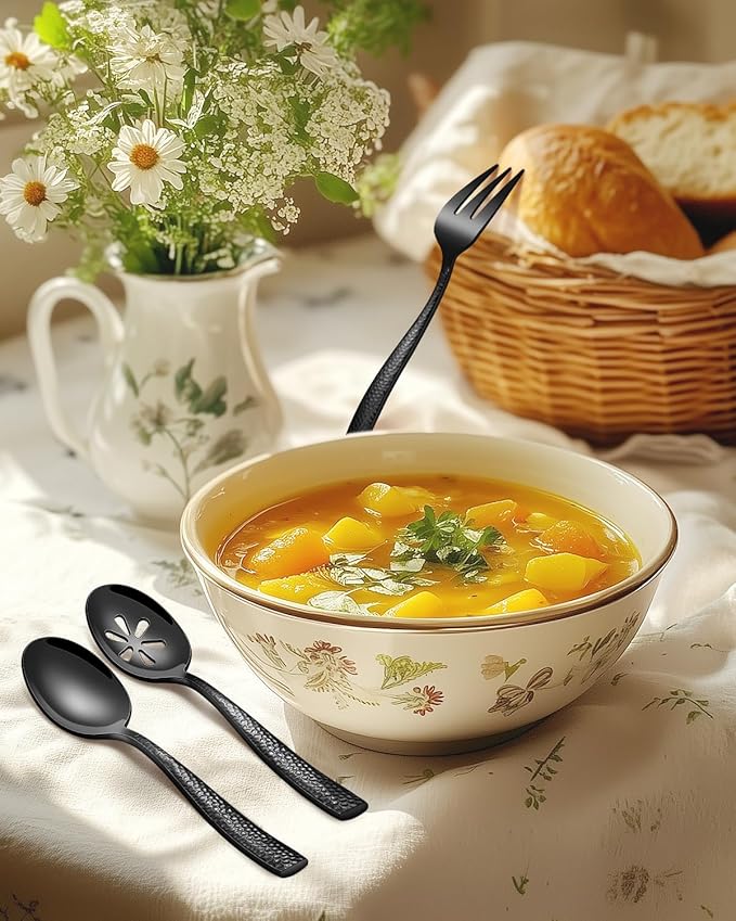 45-Piece Silverware Set with Serving Utensils, Ollex Durable Stainless Steel Black Hammered Flatware Set for 8 with Knives Forks Spoons Large Serving utensil Set for Home Restaurant, Dishwasher Safe