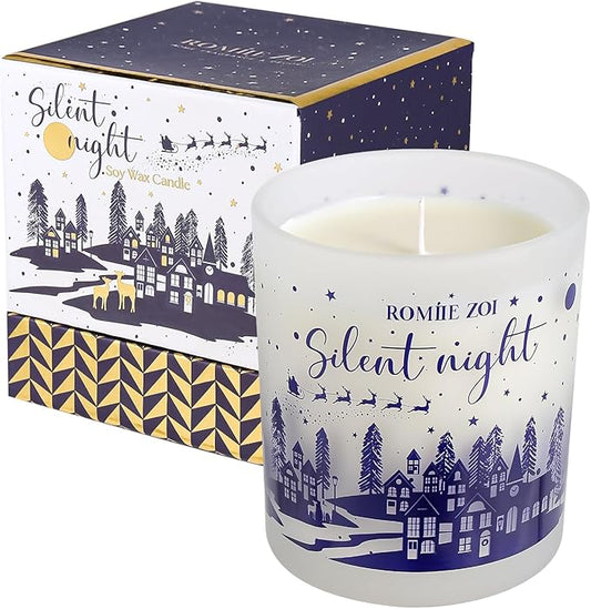 ROMIIE ZOI Christmas Scented Candle - 6oz Soy Wax Candle, Silent Night, Infused with Fresh-Cut Spruce Branches Aroma - Navy Blue Gift Box Packaged for Christmas Holiday Season Gift