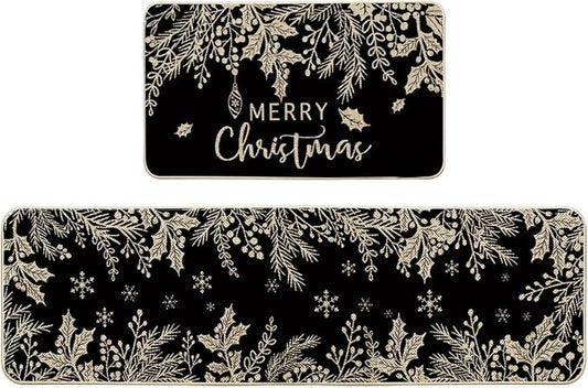 Artoid Mode Black Holly Pine Branches Merry Christmas Kitchen Mats Set of 2, Winter Decor Low-Profile Kitchen Rugs for Floor - 17x29 and 17x59 Inch