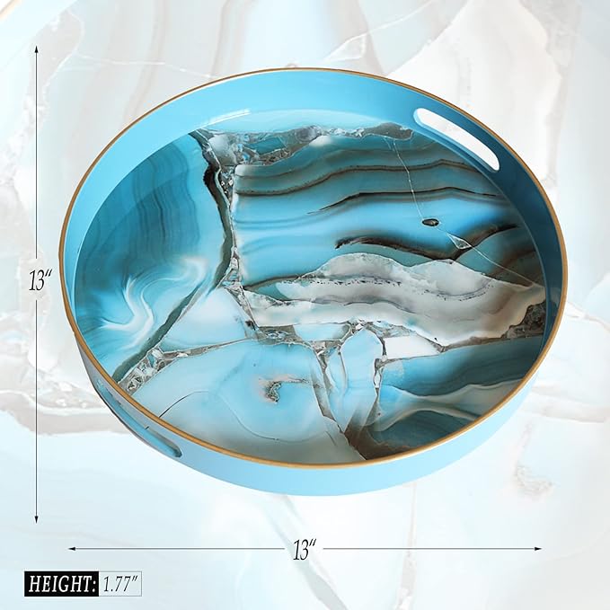 Spsyrine Round Decorative Tray, 13" Plastic Marbel Serving Tray with Handles for Breakfast, Ottoman, Coffee Table, Bathroom, Kitchen, Living Room