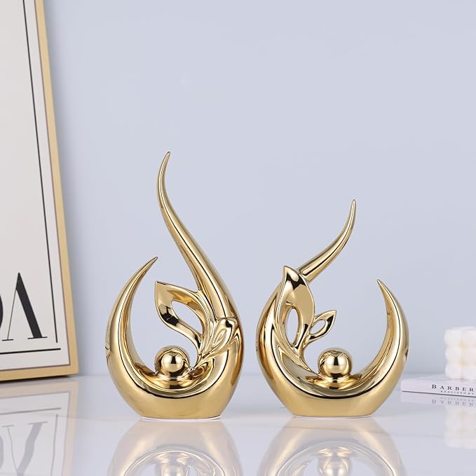 9.4" H Bright Gold Abstract Sculptures Home Decor, Ceramic Art Statue Cool Stuff to Put on Shelves&tv Stand Decor, Gold Accent Entertainment Center, for Fireplace Coffee Table Dining Table Decorate