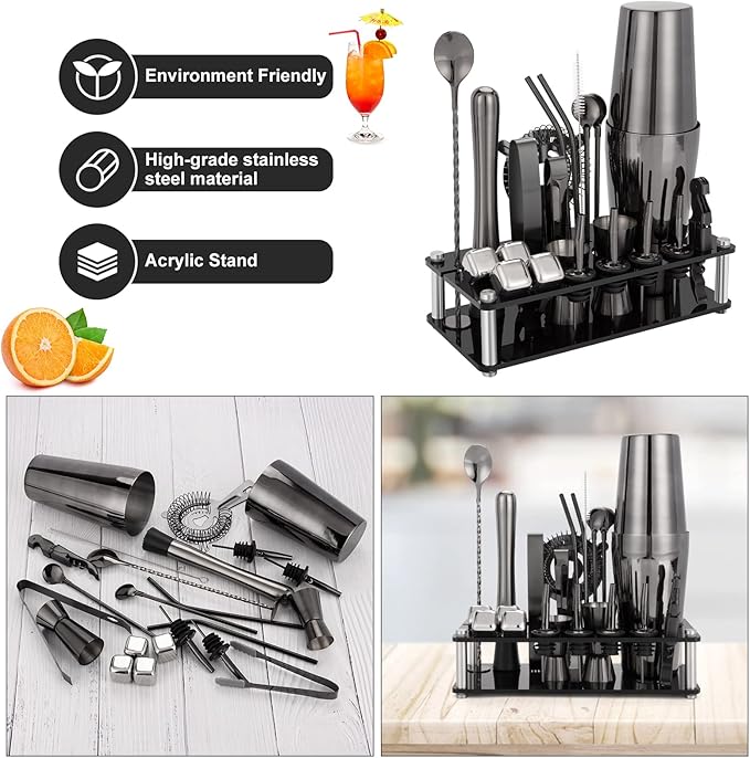 Cocktail Shaker Set, 23-Piece Boston Stainless Steel Bartender Kit with Acrylic Stand & Cocktail Recipes Booklet, Professional Bar Tools for Drink Mixing, Home, Bar, Party - Black