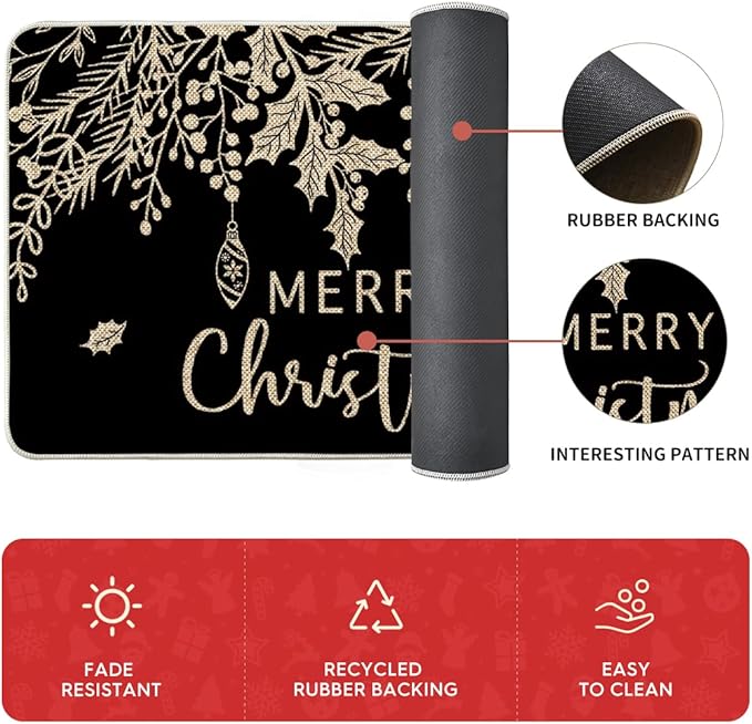 Artoid Mode Black Holly Pine Branches Merry Christmas Kitchen Mats Set of 2, Winter Decor Low-Profile Kitchen Rugs for Floor - 17"x29"+17"x36"+17"x47"