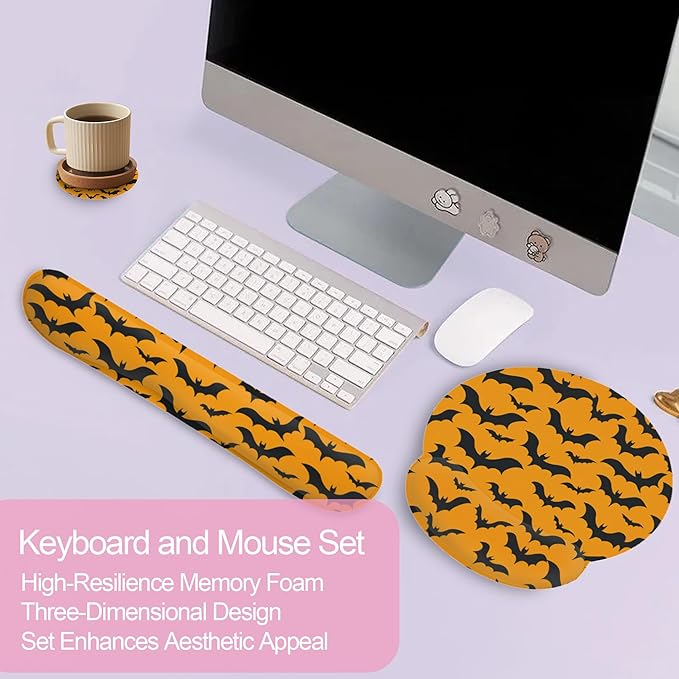 Halloween Bat Ergonomic Wrist Support Keyboard Mouse Wrist Rest Set, Computer Office Comfortable Wrist Rest for Mouse Easy Typing