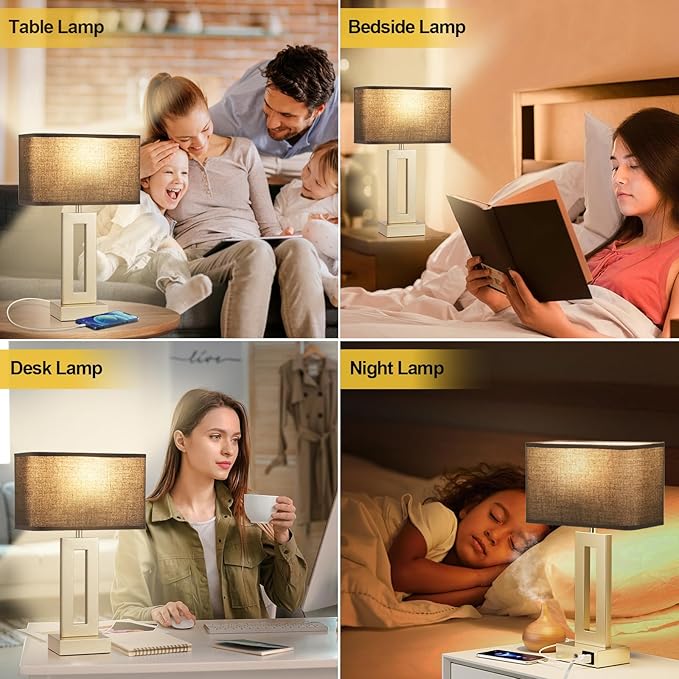 Bedroom Table Lamps Set of 2 - Black Gold Touch Bedside Lamps with USB C+A, 3 Way Dimmable Gold Lamp for Nightstand, Modern Night Stands Lamps for Living Room
