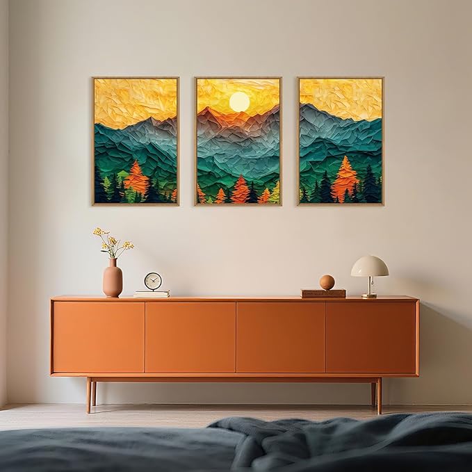 Abstract Mountain Framed Canvas Wall Art Set, Forest Pine Tree Golden Sunset Wall Decor, Mixed Patchwork Landscape Art Print for Living Room, Bedroom, Dining Room, Office - 24"x36"x3