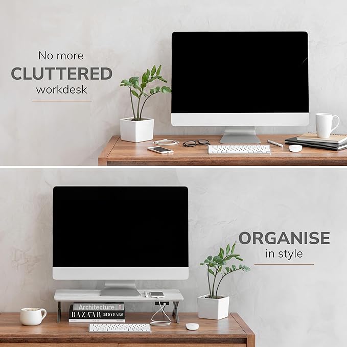 Anji Mountain Monitor Stand - Desktop Organizer & Laptop Riser, Ergonomic Monitor Riser, Space-Saving Monitor Stand for Desk, Durable Construction, Easy Assembly, Ideal for Home & Office,White Wash
