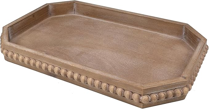 Wood Rustic Serving Tray with Beads, Farmhouse Brown Decorative Tray for Table Centerpiece, Christmas Wedding Halloween Home Decor