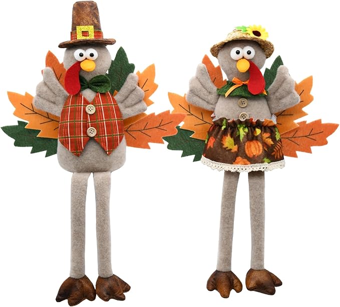 Thanksgiving Turkey Decorations Indoor, Stuffed Turkey Animal Plush Couple, Fall Harvest Home Kitchen Decor, Thanksgiving Tabletop Centerpieces Decorations for Home