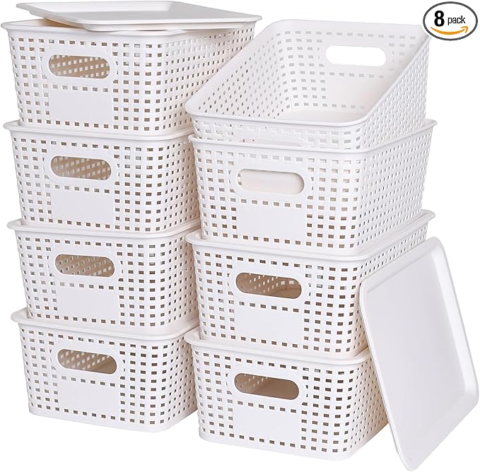 Plastic Storage Baskets with Lid - Plastic Storage Containers Stackable Storage bins: Storage Baskets for Organizing Shelves Drawers Desktop Closet Playroom Classroom Office, 8 Pack-White