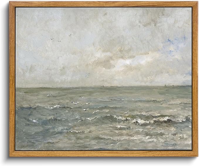 VIYYIEA Framed Canvas Wall Art Home Decor, Vintage Seascape Paintings Wall Decor, Ocean Art for Living Room Bedroom Bathroom, 9"x11"