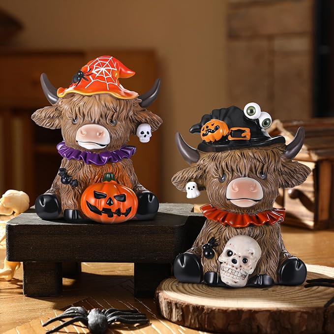Karenhi 2 Pcs Highland Cow Figurines Halloween Pumpkin Skull Spider Highland Cow Gnomes Scottish Resin Statue Calf Lovers Gifts for Halloween Home Garden Kitchen Office Tiered Tray Table Decor