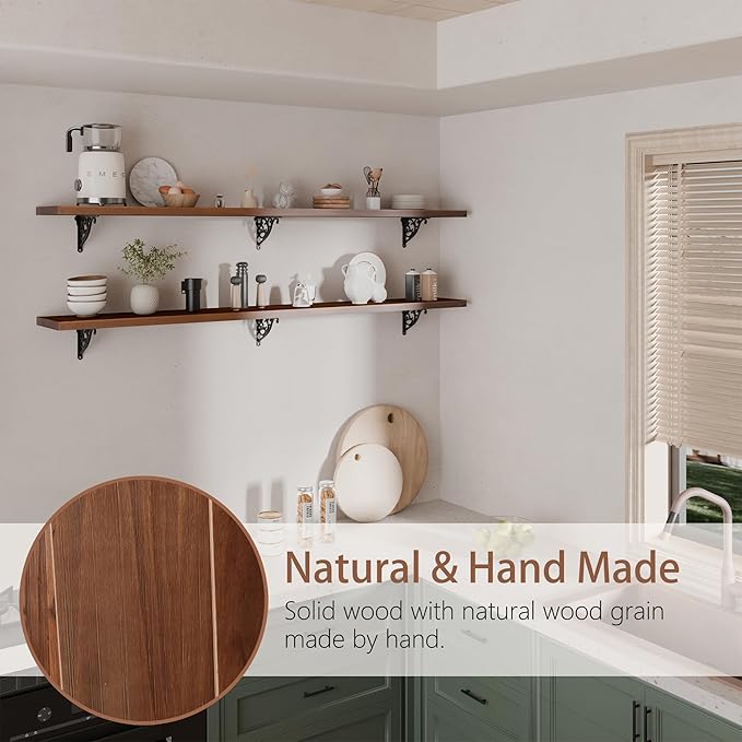 60 inch Long Floating Shelves for Wall,Solid Pine Wood Long Wall Shelves Set of 2,Walnut Color Bookshelf with Retro Iron Brackets for Living Room,Kitchen,Bathroom