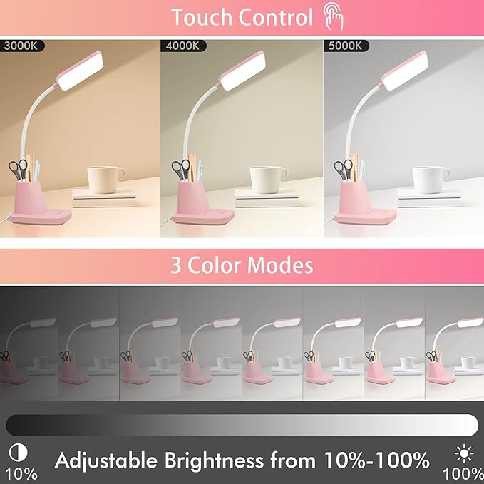 Sailstar Pink Desk Lamp, Small Desk Lamp with Pen Holder, Wireless Charger LED Desk Lamps for Home Office, Kids Desk Lamps 800LM Gooseneck 3 Modes Dimmable Touch, Study Lamps for College Dorm Room