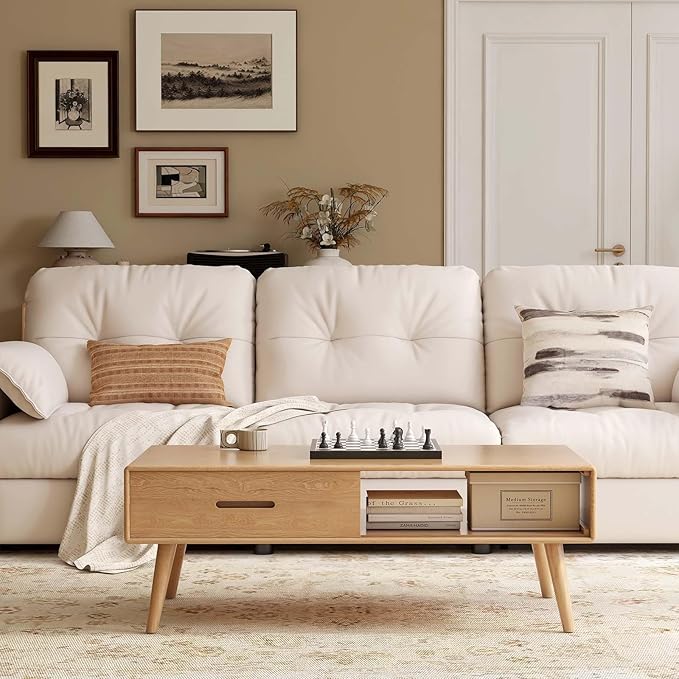 100% Solid Wood Coffee Table for Living Room, Living Room Table with Shelf Storage and 2 Drawers, Mid Century Modern Table,Oak Coffee Table for Home (Natural Colour, 47.24'' W)