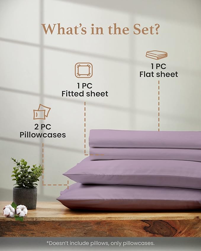 4 Pc Lavender Full Size Bed Sheets Set, 1000 TC Egyptian Cotton Sheets Full Size, Soft Comfy Double Bed Sheets Bed Set, 16" Deep Pocket Full Sheet Set - 1 Fitted Sheet, 1 Flat Sheet & 2 Pillow Case