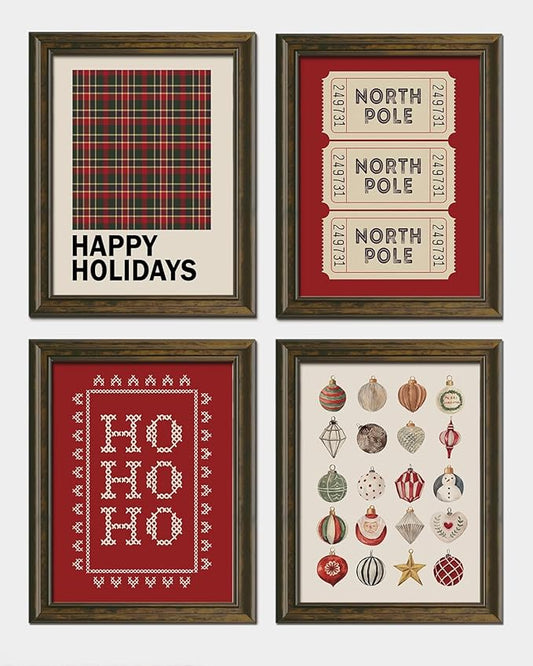 Wheatwin Christmas Wall Art Prints Set of 4, Trendy North Pole Wall Posters Aesthetic, Happy Holidays Winter Xmas Decor for Bathroom Farmhouse Living Room Bedroom, 12x16 (Unframed)