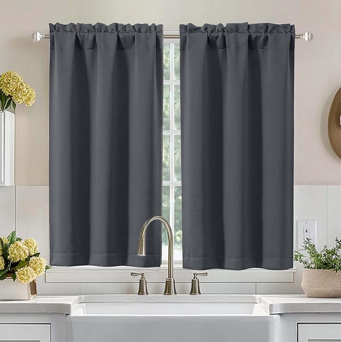 Aiyufeng Grey Short Blackout Curtains for Bedroom 45 Inches Long 2 Panels Set, Solid Thermal Insulated, Energy Saving Window Treatment Curtains Blackout Drapes, W40 x L45 Inch, Grey