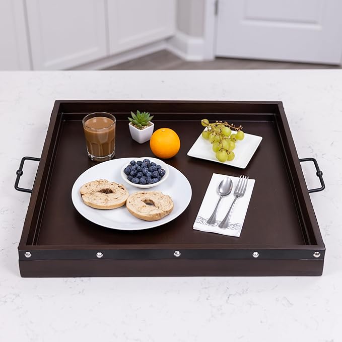 24"x24" Extra Large Square Ottoman Tray, Heavy Duty Mango Wood, for Serving Tea, Breakfast in Bed, Living Room Large Coffee Table Tray Rustic with Farmhouse Style, Decorative Handles and Accent Strap