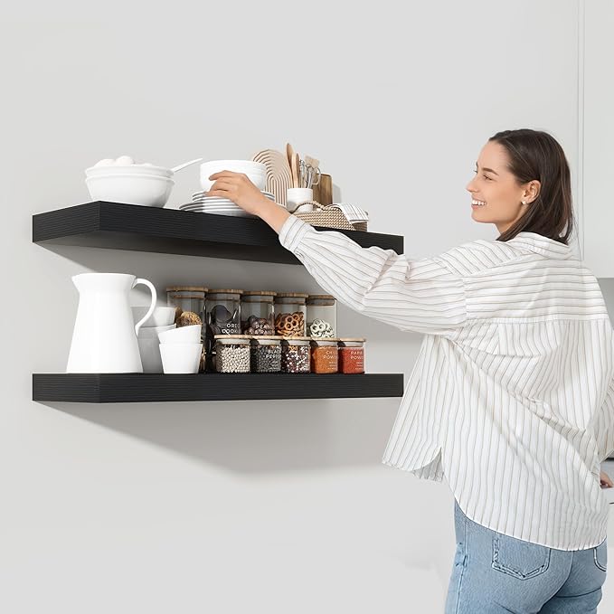 Heimlove 55 Inch Floating Shelves for Wall,10 Deep Large Black Wall Shelf with Heavy Duty Brackets,Wall Mounted Storage & Display Shelves for Bedroom,Living Room,Kitchen,Office