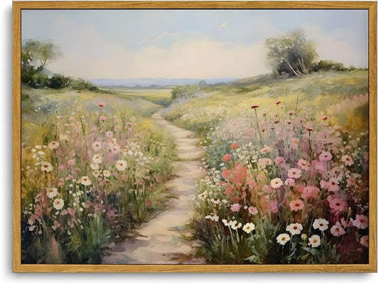KISSFOX Vintage Wild flower Path Landscape Canvas Wall Art Spring Farmhouse Nature Floral Framed Wall Art Rustic Cottagecore Botanical Painting Art Prints Artwork For Living Room Bedroom Kitchen