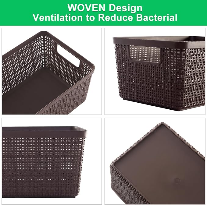 6 Pack Plastic Storage Baskets With Lids,Brown Breathable Stackable Storage Bins,Small Storage Containers,for Organizing Storage Baskets on Desktops,Closets,Playrooms,Classrooms,Offices