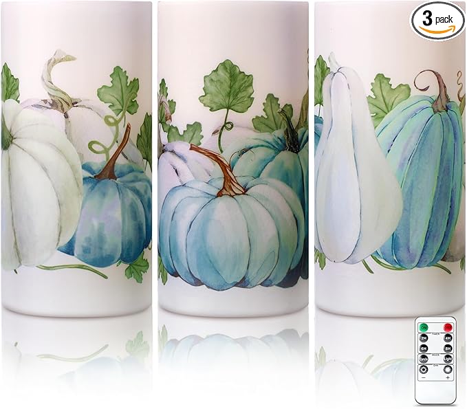 ROCEEI 3 Pack Thanksgiving Fall Flameless LED Candles with Remote Blue Pumpkin Battery Operated Real Wax Black and White Autumn Candles Thanksgiving Decor Gift(Fresh Style)