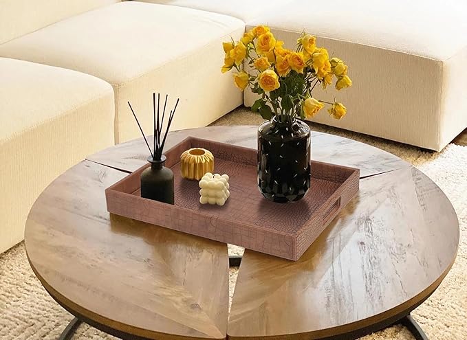 HofferRuffer Rectangle Serving Tray with Hole Handles for Coffee Table, Breakfast, Tea, Food, Butler - Countertop, Kitchen, Vanity Serve Tray, 16.2 x 12.2 x 2 inches, Faux Leather (Antique Brown)