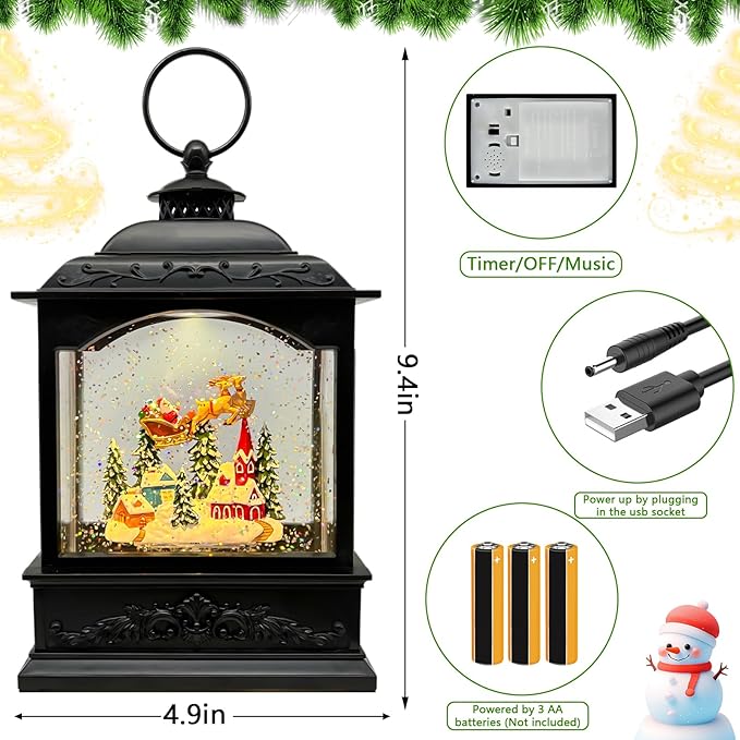 Christmas Snow Globes Lantern with Music & Timer - USB/Battery Operated LED Glittering Globe Lantern, Snow Globe Decoration for Home Holiday Decor (Reindeer)