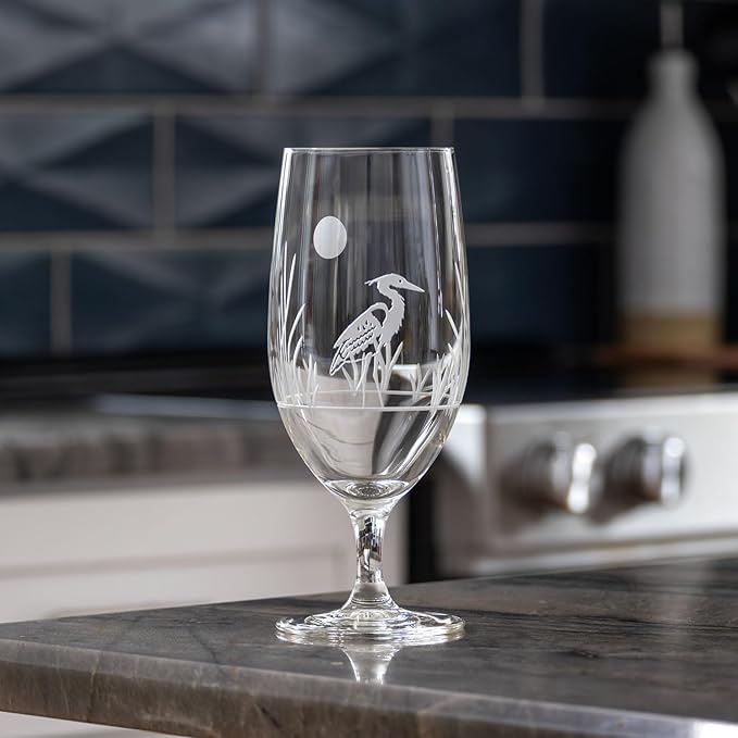 Rolf Glass Heron Footed Iced Tea Glass | 16oz Set of 4 Glasses | Lead-Free Diamond-Wheel Engraved Glass | Made in the USA